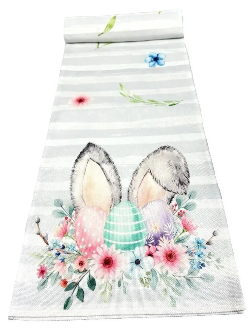 Easter Bunny Table Runner 72” Long Spring Floral Eggs Grey Stripe Holiday Decor